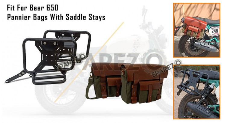 For Royal Enfield Bear 650 Canvas and Leather Pannier Bags Olive With Saddle Stays - SPAREZO